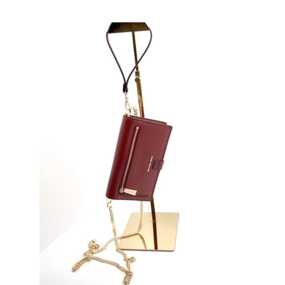 Michael Kors Jet Set Travel Saffiano Leather‎ Crossbody Wallet Red Gold  37-08